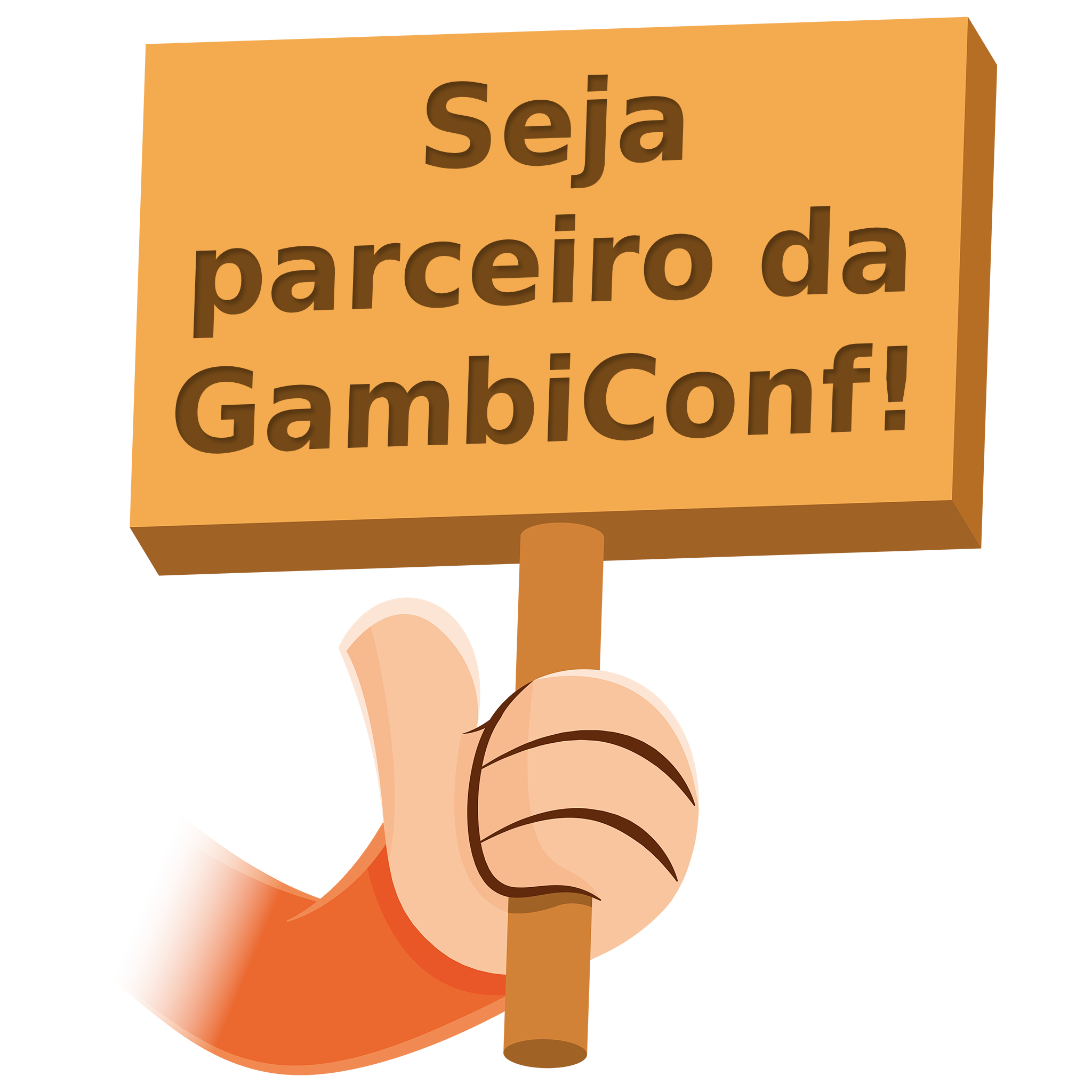 The GambiConf mascot holding a lifting a board written 'Become a partner'